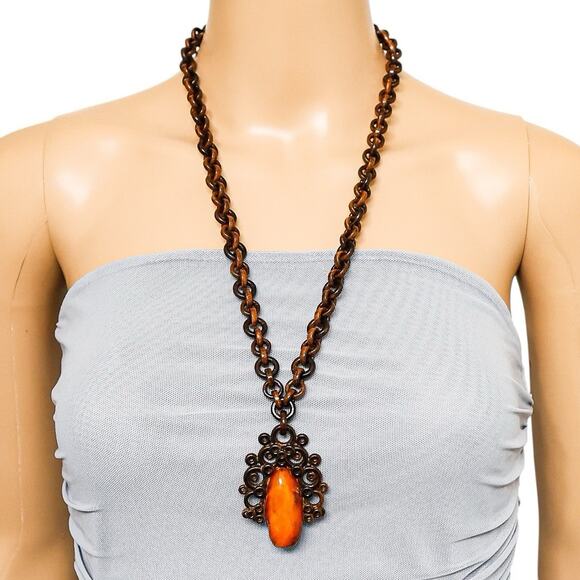Large Vintage Victorian Revival Faux Tortoise Wooden Chain Amber Pendant 26” - Picture 1 of 8